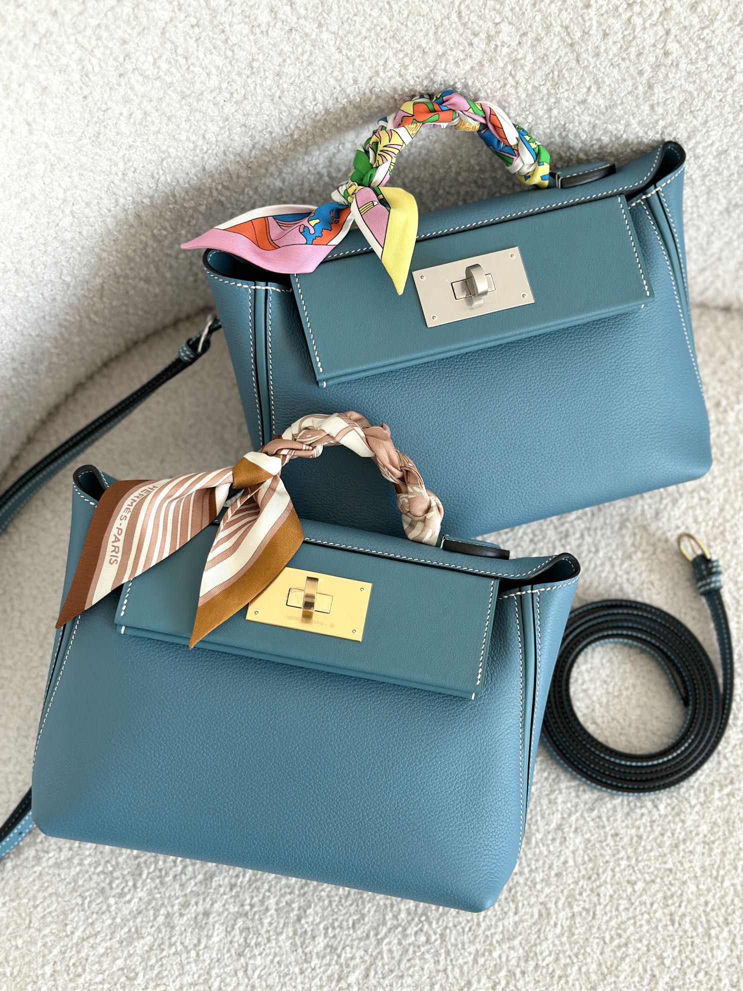 Hermes Kelly Mini 2424 21cm Handbag in Blue Jean Clemence Leather 